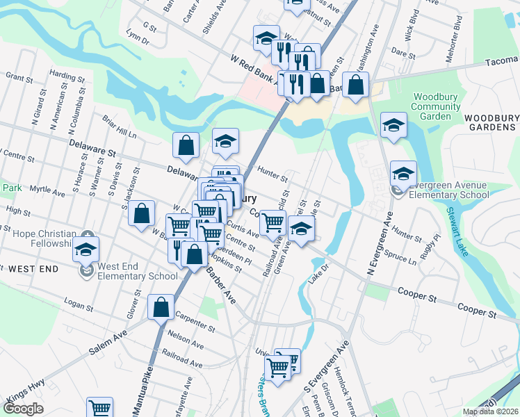 map of restaurants, bars, coffee shops, grocery stores, and more near 57 Cooper Street in Woodbury