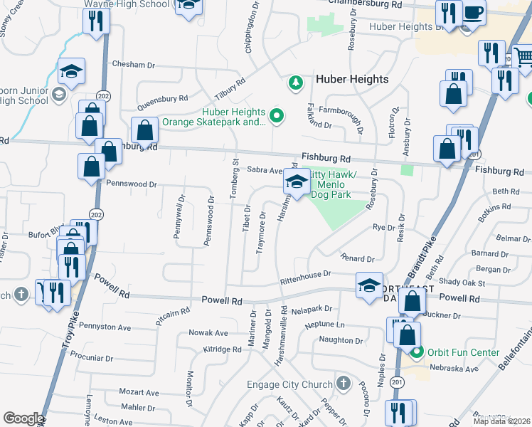 map of restaurants, bars, coffee shops, grocery stores, and more near 5751 Traymore Drive in Dayton