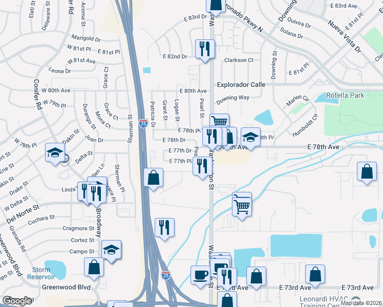 map of restaurants, bars, coffee shops, grocery stores, and more near 7740 Pearl Street in Thornton