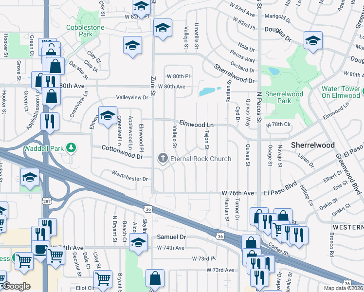 map of restaurants, bars, coffee shops, grocery stores, and more near 7735 Vallejo Street in Denver