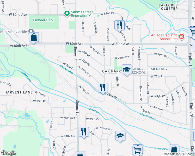 map of restaurants, bars, coffee shops, grocery stores, and more near 11375 West 76th Drive in Arvada