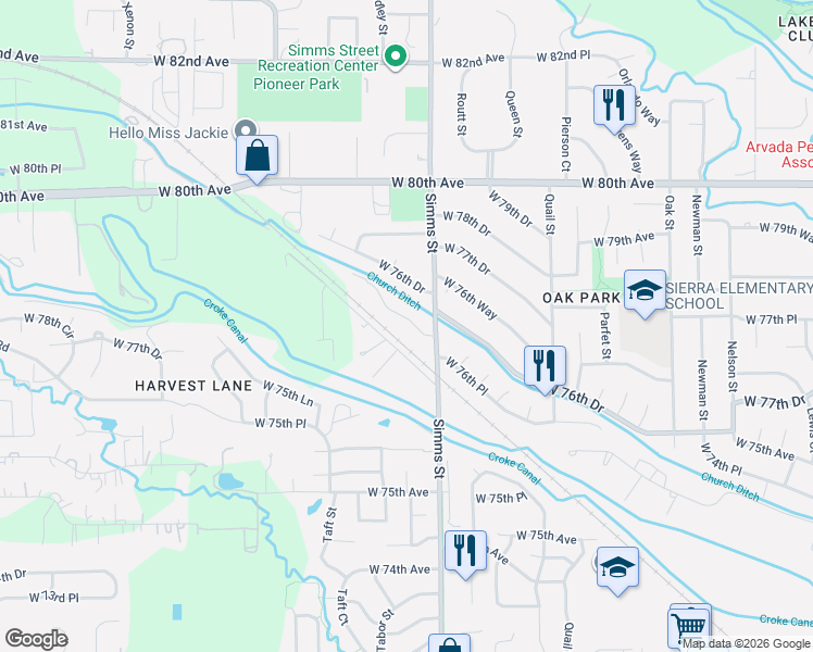 map of restaurants, bars, coffee shops, grocery stores, and more near 11750 West 76th Avenue in Arvada