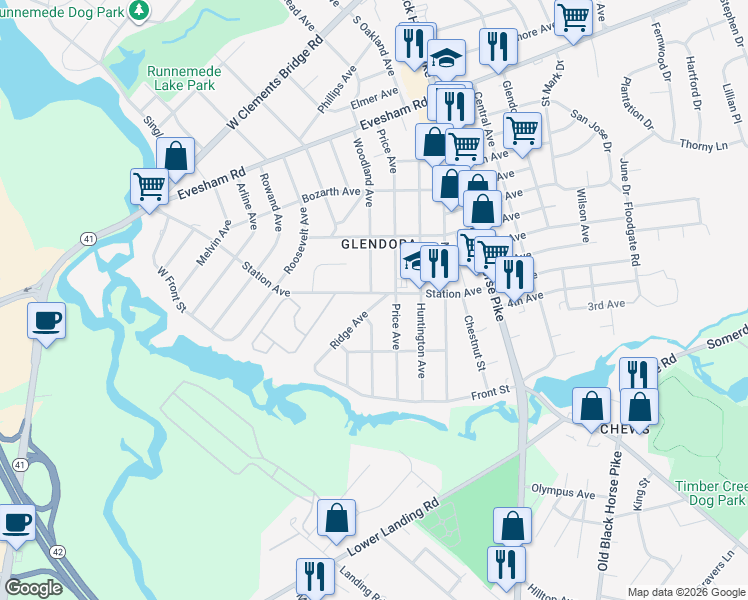 map of restaurants, bars, coffee shops, grocery stores, and more near 422 Woodland Avenue in Camden County