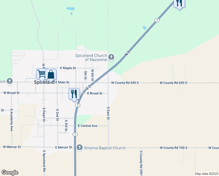 map of restaurants, bars, coffee shops, grocery stores, and more near 201-211 South East Street in Spiceland