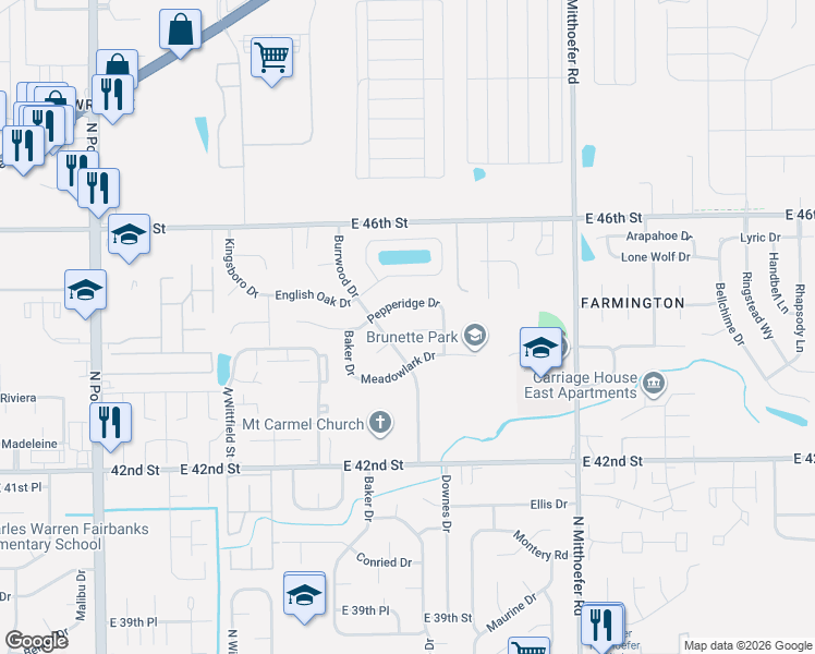 map of restaurants, bars, coffee shops, grocery stores, and more near 4325 Burrwood Drive in Indianapolis