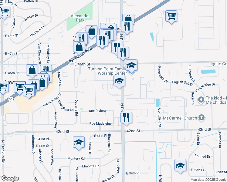 map of restaurants, bars, coffee shops, grocery stores, and more near 8901 Duxbury Road in Lawrence