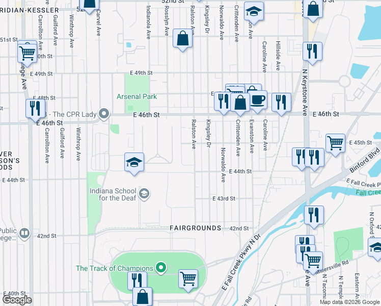 map of restaurants, bars, coffee shops, grocery stores, and more near 1620 East 44th Street in Indianapolis