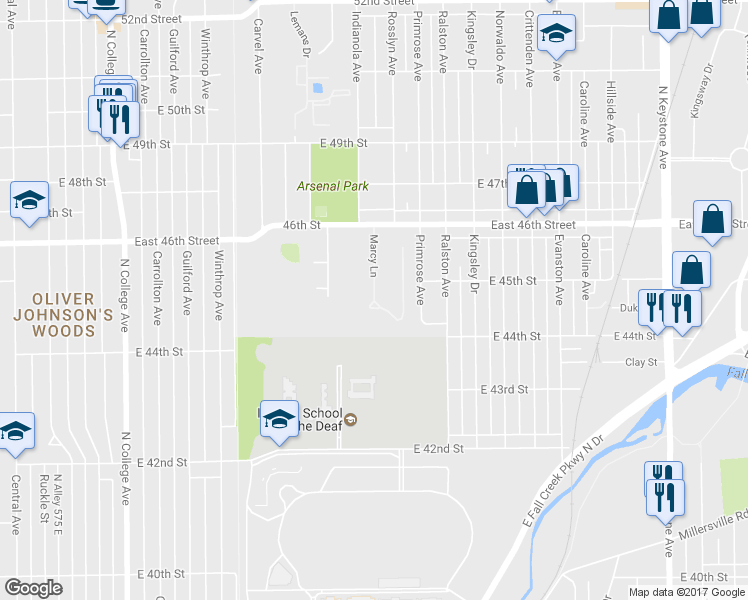 map of restaurants, bars, coffee shops, grocery stores, and more near 4438 Marcy Lane in Indianapolis