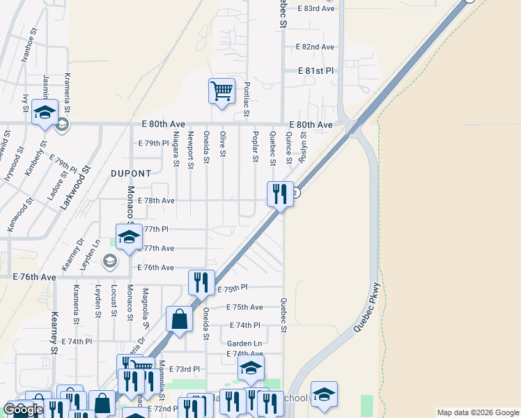 map of restaurants, bars, coffee shops, grocery stores, and more near 7750 Colorado 2 in Commerce City