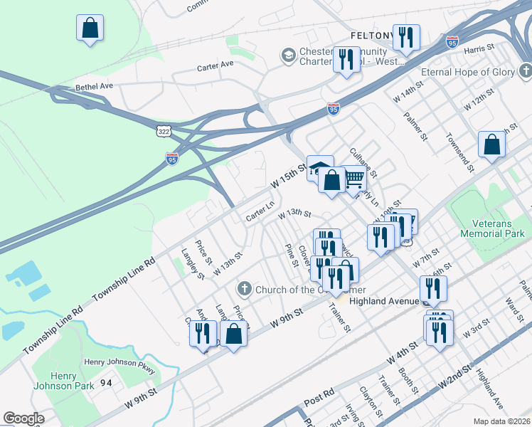 map of restaurants, bars, coffee shops, grocery stores, and more near 1236 Pine Street in Chester