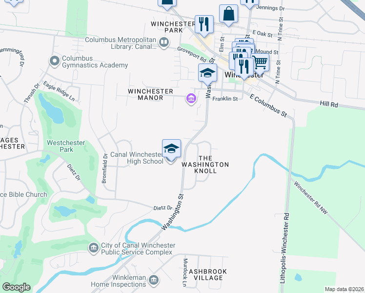 map of restaurants, bars, coffee shops, grocery stores, and more near 265 Washington Street in Canal Winchester