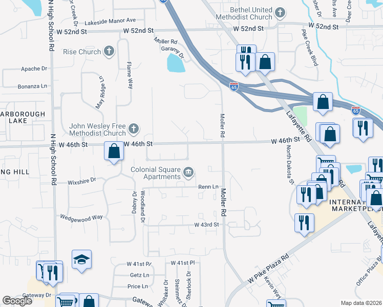 map of restaurants, bars, coffee shops, grocery stores, and more near 4523 Golden Meadow Drive in Indianapolis