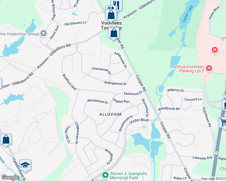 map of restaurants, bars, coffee shops, grocery stores, and more near 66 Bradford Way in Voorhees