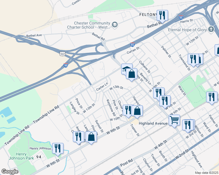 map of restaurants, bars, coffee shops, grocery stores, and more near 3210 West 13th Street in Chester