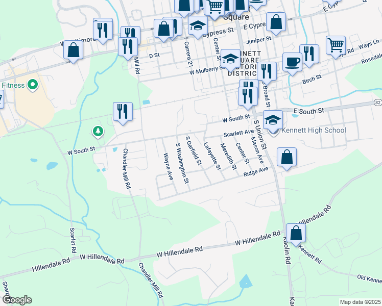 map of restaurants, bars, coffee shops, grocery stores, and more near 708 South Garfield Street in Kennett Square
