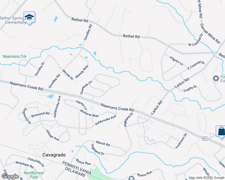 map of restaurants, bars, coffee shops, grocery stores, and more near 65 Overlook Circle in Garnet Valley