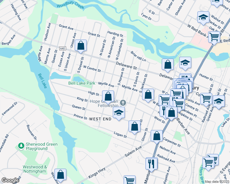 map of restaurants, bars, coffee shops, grocery stores, and more near 227 South Horace Street in Woodbury