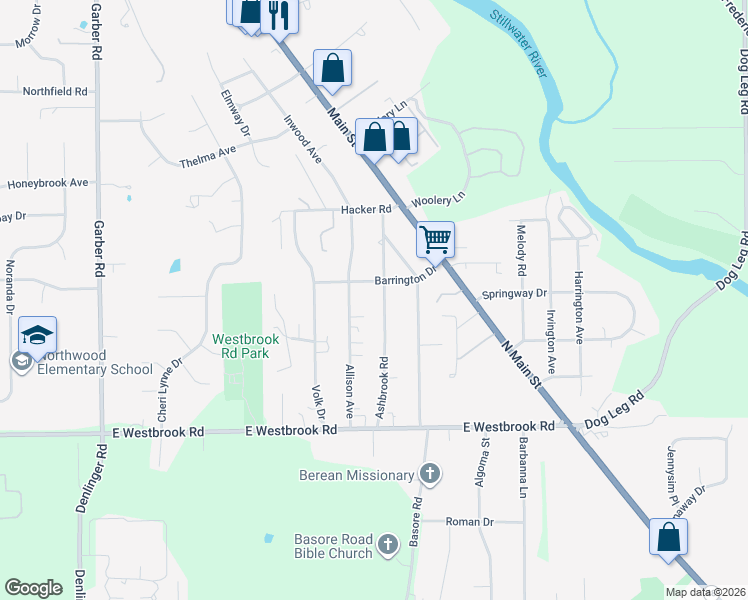 map of restaurants, bars, coffee shops, grocery stores, and more near 100 Barrington Drive in Dayton