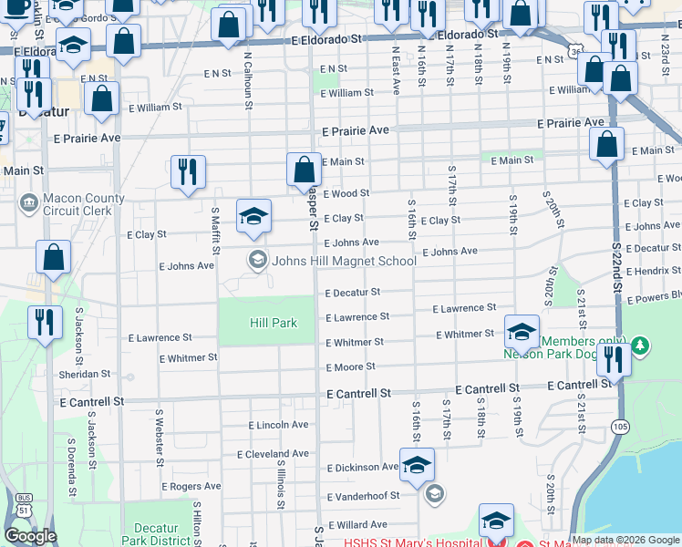 map of restaurants, bars, coffee shops, grocery stores, and more near 1201-1399 East Johns Avenue in Decatur