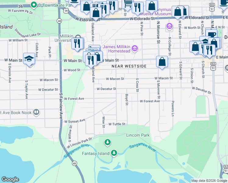 map of restaurants, bars, coffee shops, grocery stores, and more near 300-398 South Haworth Avenue in Decatur