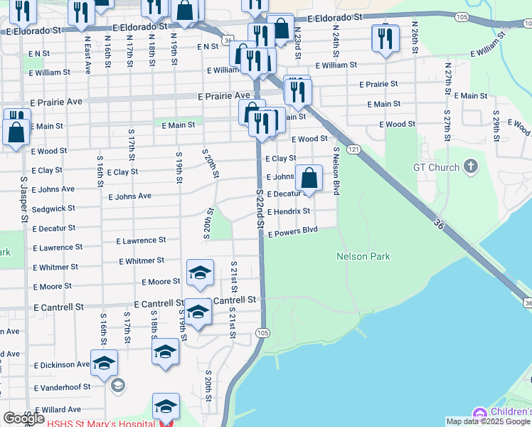 map of restaurants, bars, coffee shops, grocery stores, and more near 600 South 22nd Street in Decatur