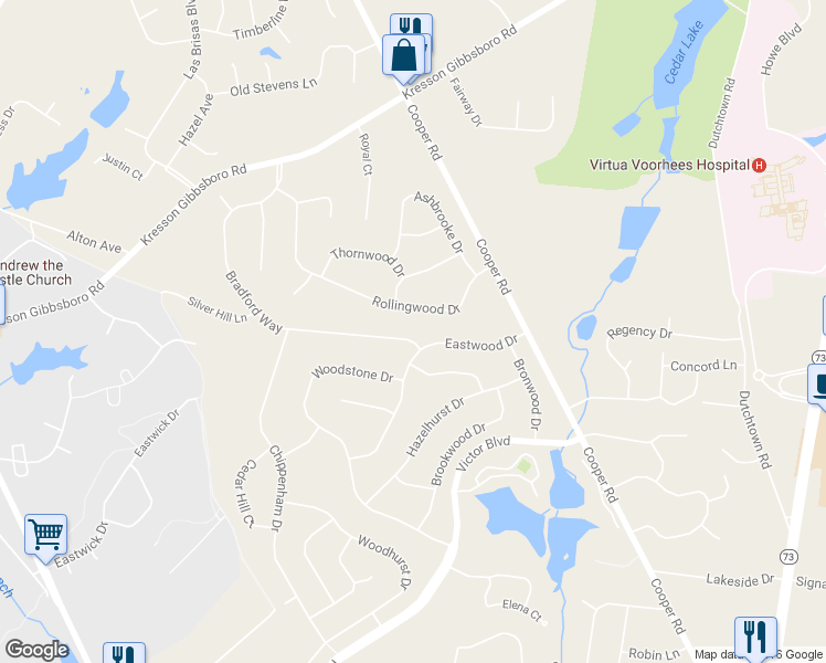 map of restaurants, bars, coffee shops, grocery stores, and more near 66 Bradford Way in Voorhees