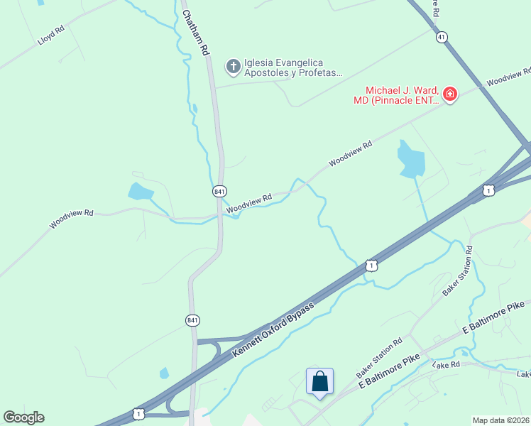 map of restaurants, bars, coffee shops, grocery stores, and more near 319 Woodview Road in West Grove
