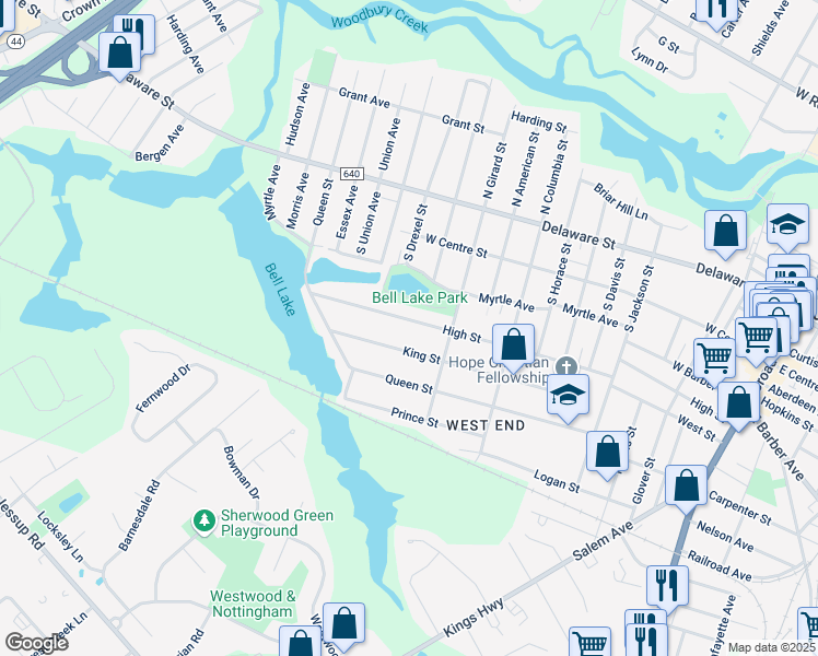 map of restaurants, bars, coffee shops, grocery stores, and more near 543 High Street in Woodbury