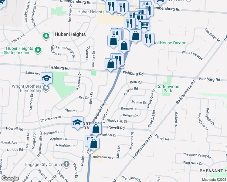 map of restaurants, bars, coffee shops, grocery stores, and more near 5871 Brandt Pike in Dayton