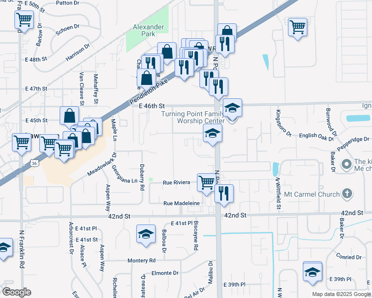map of restaurants, bars, coffee shops, grocery stores, and more near 4444 Duxbury Lane in Indianapolis