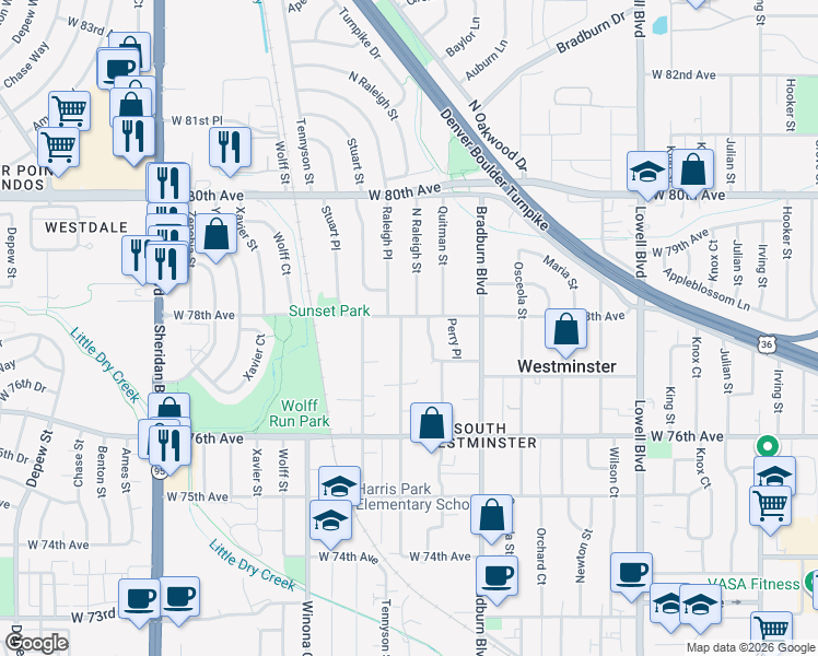 map of restaurants, bars, coffee shops, grocery stores, and more near 7811 Raleigh Street in Westminster