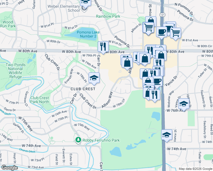 map of restaurants, bars, coffee shops, grocery stores, and more near 7900 Carr Drive in Arvada