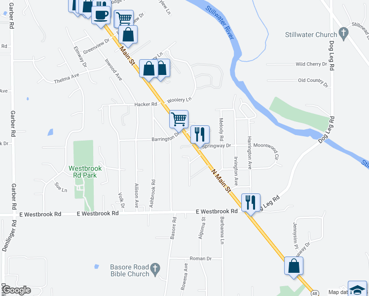 map of restaurants, bars, coffee shops, grocery stores, and more near 7927 Ohio 48 in Dayton