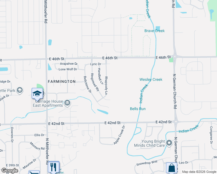 map of restaurants, bars, coffee shops, grocery stores, and more near 4506 Rhapsody Lane in Indianapolis