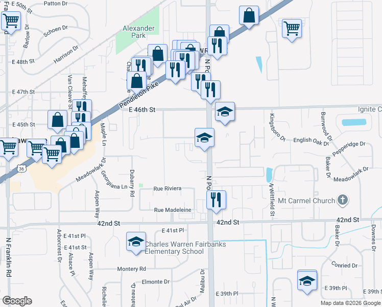 map of restaurants, bars, coffee shops, grocery stores, and more near 4445 East 45th Street in Lawrence