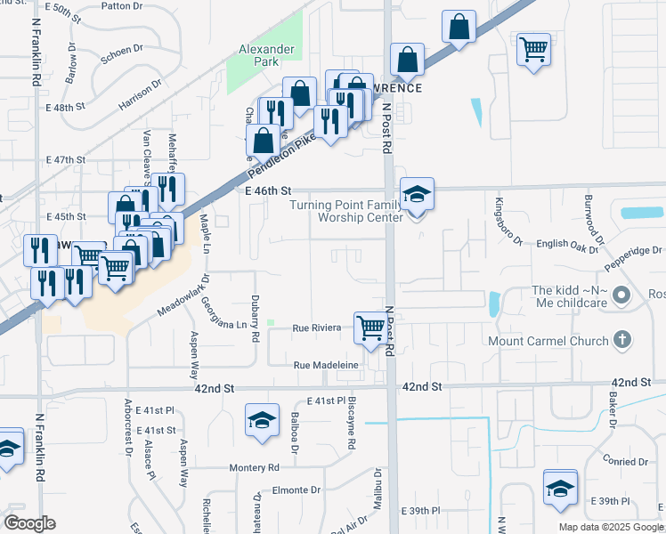 map of restaurants, bars, coffee shops, grocery stores, and more near 4444 Duxbury Lane in Indianapolis