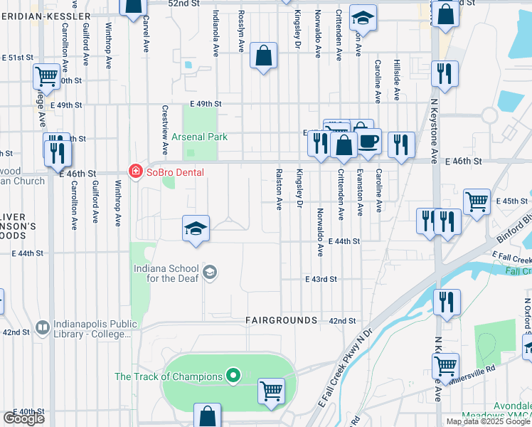 map of restaurants, bars, coffee shops, grocery stores, and more near 4502 Ralston Avenue in Indianapolis