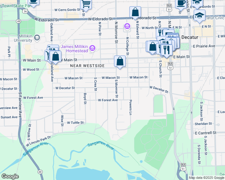 map of restaurants, bars, coffee shops, grocery stores, and more near 340 South Monroe Street in Decatur