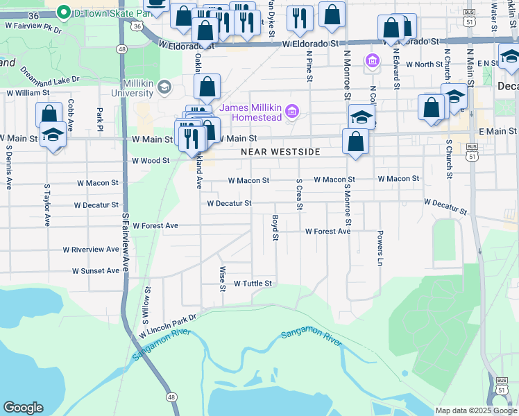 map of restaurants, bars, coffee shops, grocery stores, and more near 300-398 South Haworth Avenue in Decatur