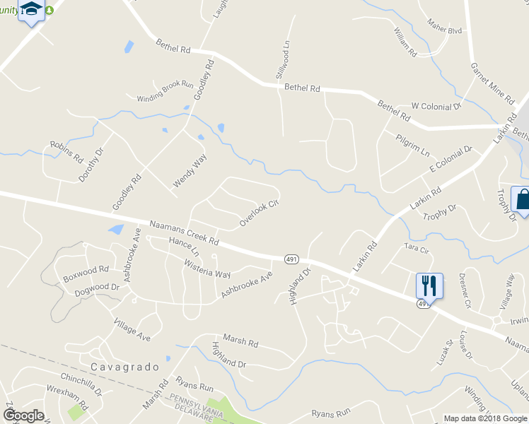 map of restaurants, bars, coffee shops, grocery stores, and more near 65 Overlook Circle in Garnet Valley