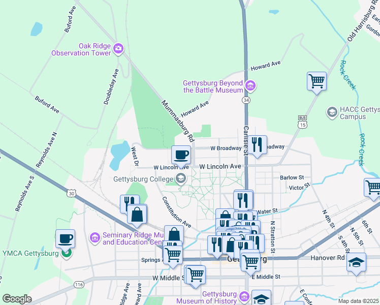 map of restaurants, bars, coffee shops, grocery stores, and more near 202 West Broadway in Gettysburg