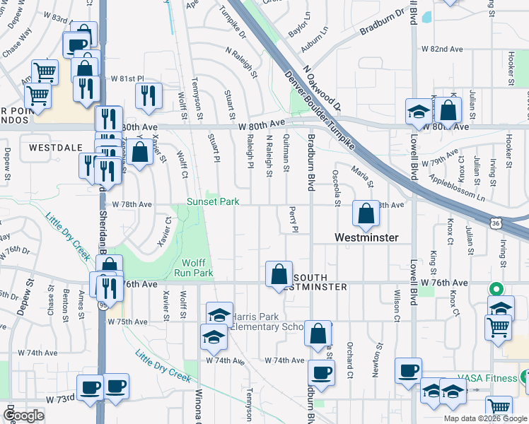map of restaurants, bars, coffee shops, grocery stores, and more near 7811 Raleigh Street in Westminster