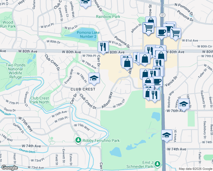 map of restaurants, bars, coffee shops, grocery stores, and more near 7900 Carr Drive in Arvada