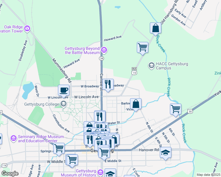 map of restaurants, bars, coffee shops, grocery stores, and more near 39 East Broadway in Gettysburg