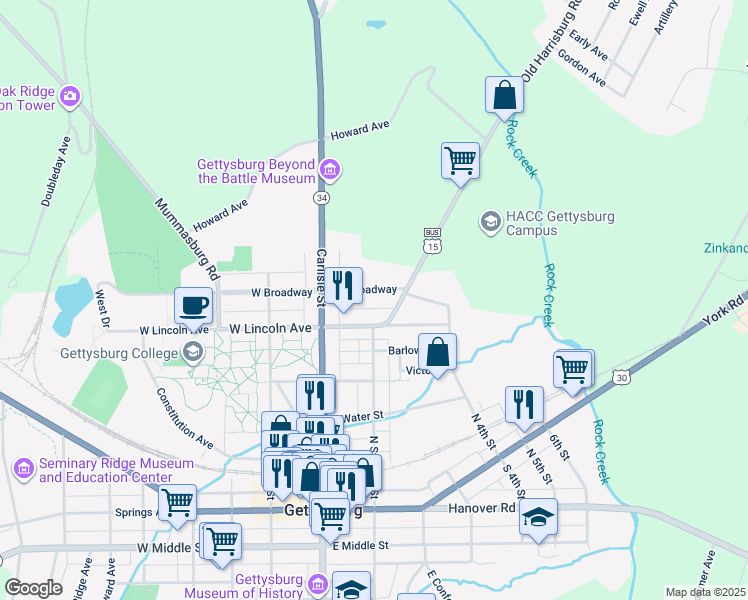 map of restaurants, bars, coffee shops, grocery stores, and more near 61 E Broadway in Gettysburg