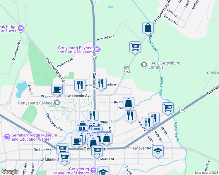 map of restaurants, bars, coffee shops, grocery stores, and more near 61 E Broadway in Gettysburg
