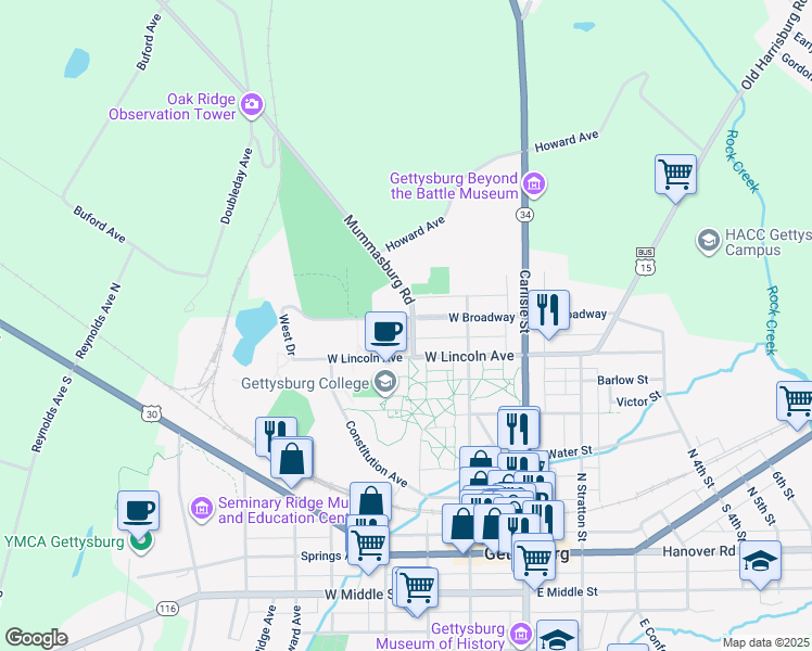 map of restaurants, bars, coffee shops, grocery stores, and more near 202 West Broadway in Gettysburg