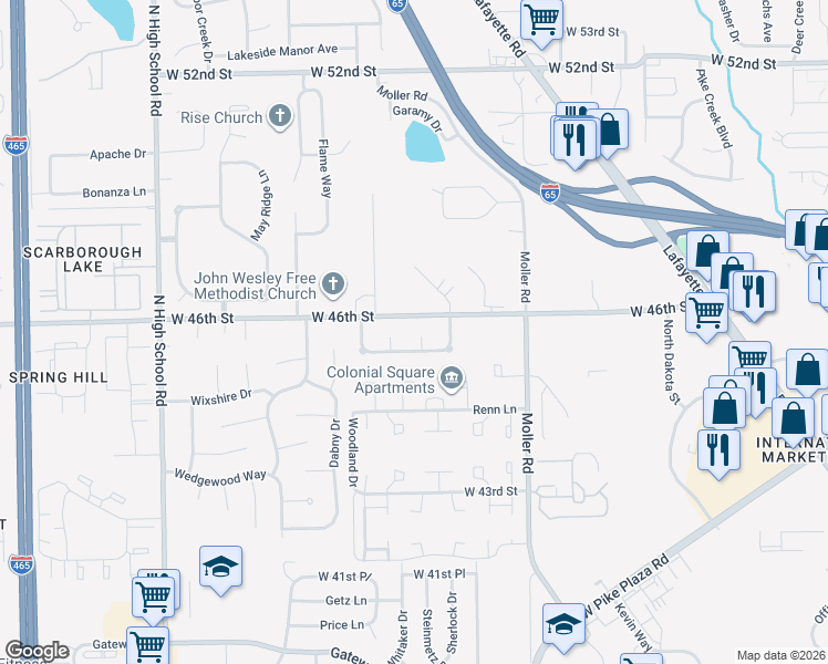 map of restaurants, bars, coffee shops, grocery stores, and more near 5630 West 46th Street in Indianapolis