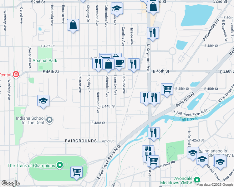 map of restaurants, bars, coffee shops, grocery stores, and more near 4502 Evanston Avenue in Indianapolis