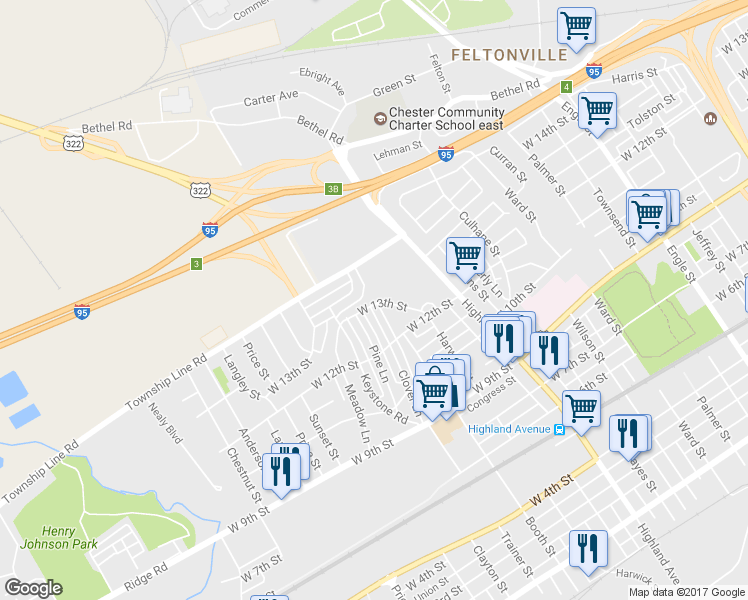 map of restaurants, bars, coffee shops, grocery stores, and more near 3150 West 13th Street in Chester